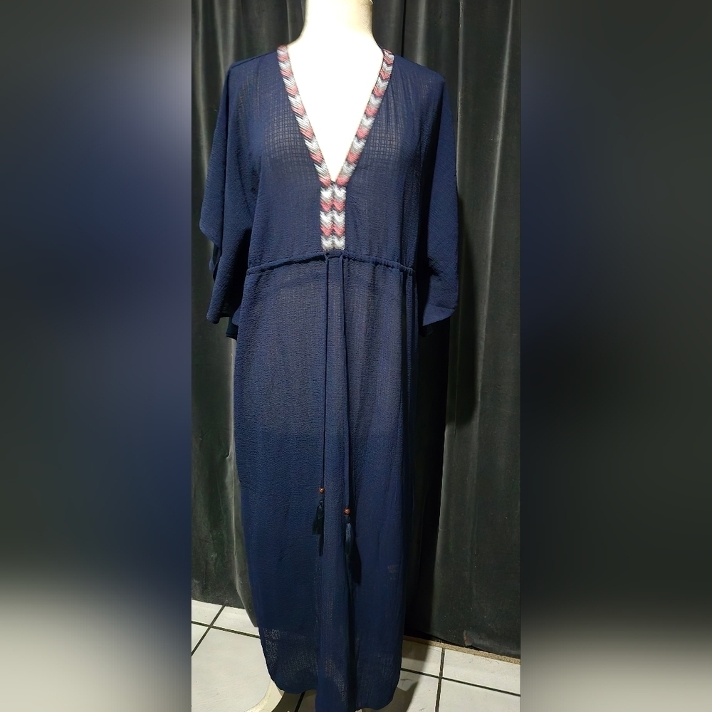 New York & Company Dark Blue Kimono with Colorful Pattern
